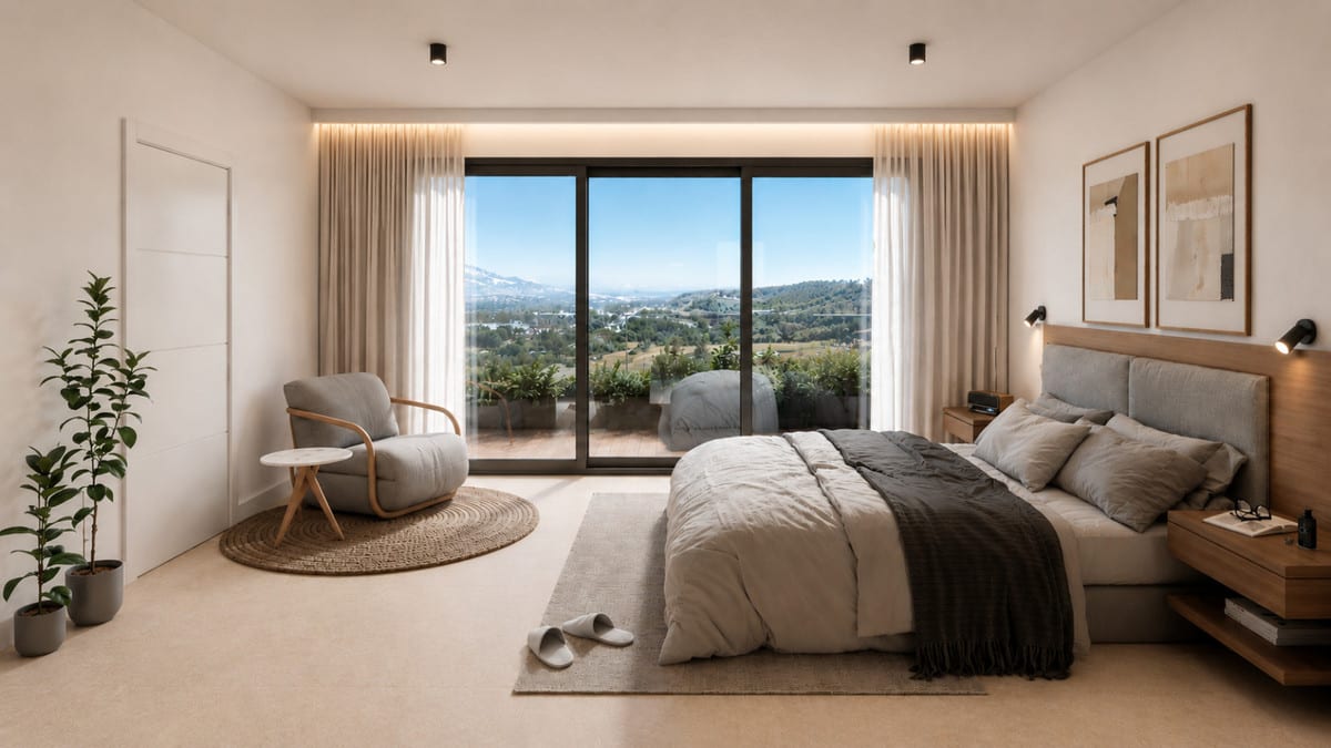 Bedroom visualisation in grey and beige tones with wide sliding doors towards the green landscape.