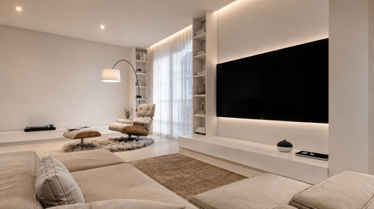 Living room visualisation with a large TV wall, modular sofa and lounge chair with footstool.
