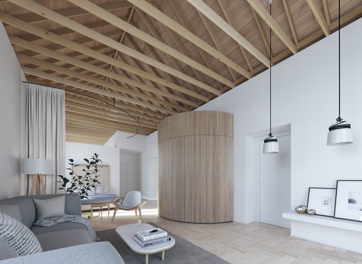 Interior visualisation of LUXY SANCHA with a grey sofa, herringbone flooring, exposed timber roof trusses and a cylindrical volume of vertical wooden slats used as a room divider.