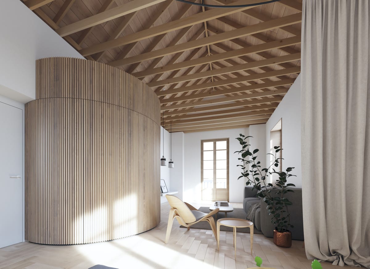 Interior visualisation of LUXY SANCHA with a large cylindrical volume of vertical wooden slats, exposed timber roof trusses, an armchair, a grey sofa, a tall window with timber framing and a floor-length curtain.