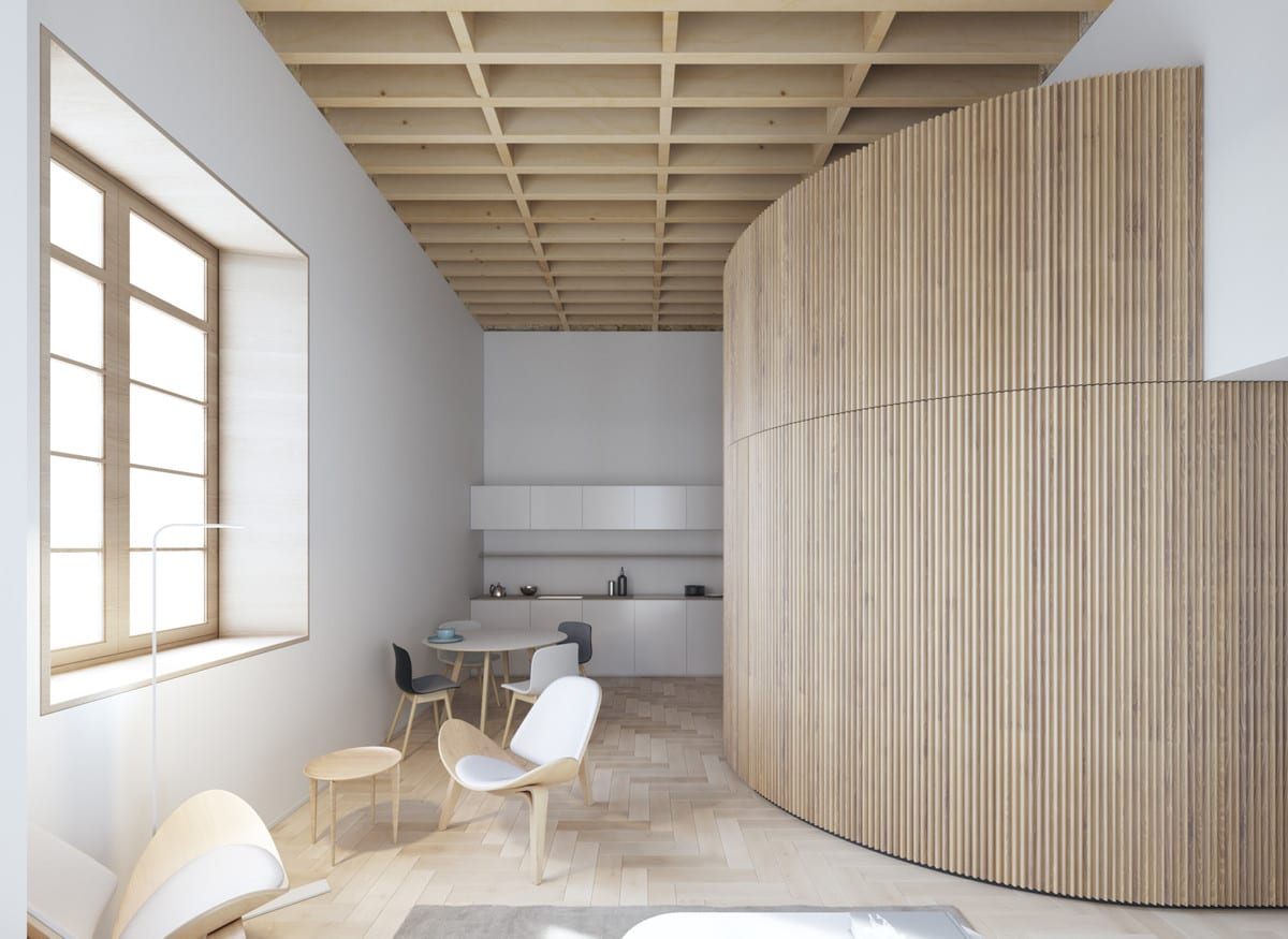 Interior visualisation of LUXY SANCHA with an oval dining table, mixed chairs, a linear kitchen with grey cabinetry, a timber grid ceiling, a large wooden window and a curved wall of vertical wooden slats.
