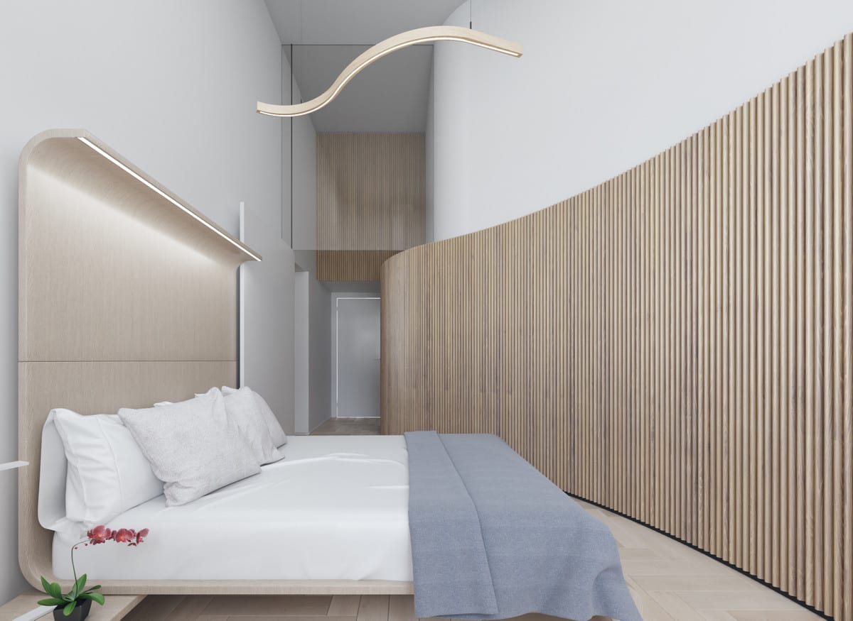 Interior visualisation of LUXY SANCHA with a double bed, a tall beige headboard panel with integrated LED lighting, a curved wall of vertical wooden slats and a wavy pendant light.