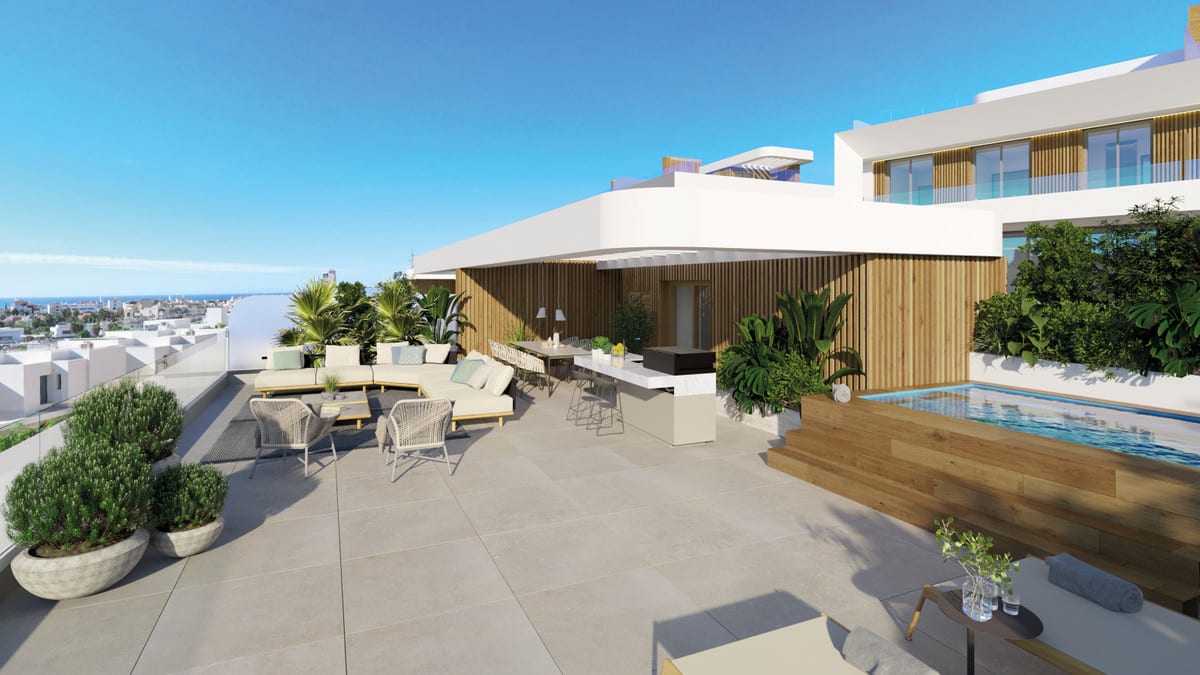 Project visualisation — LYRA RESIDENCES: Roof terrace with outdoor seating and a small raised pool.