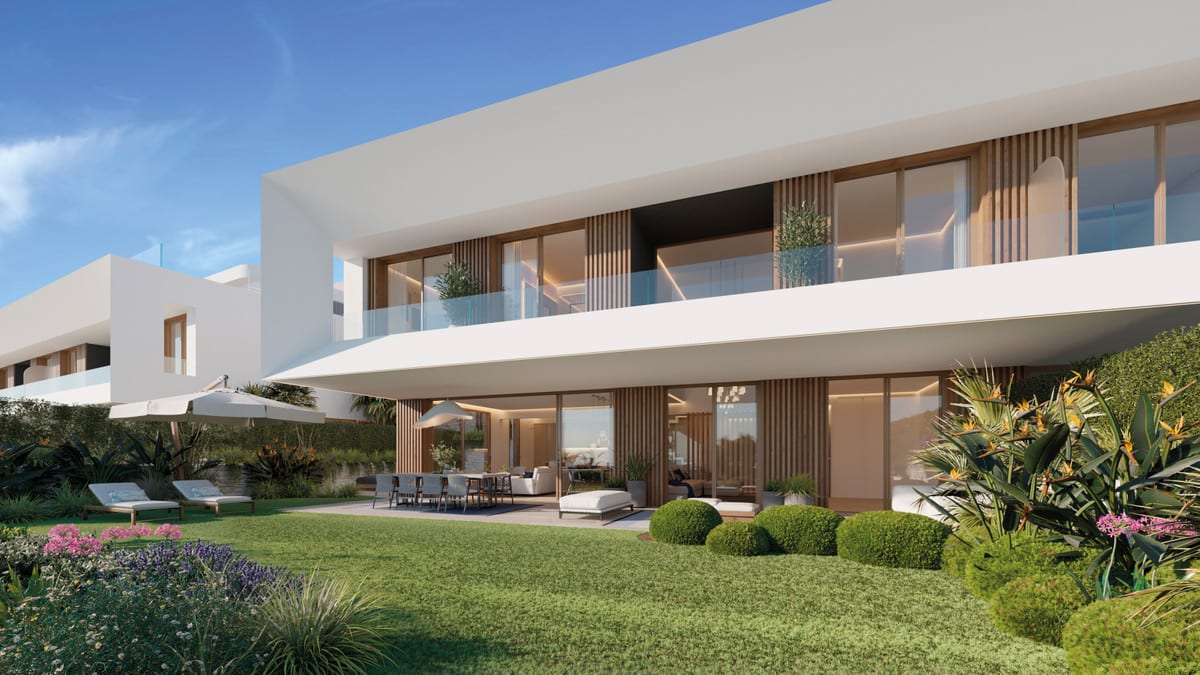 Project visualisation — LYRA RESIDENCES: Garden façade with large windows and a planted lawn.