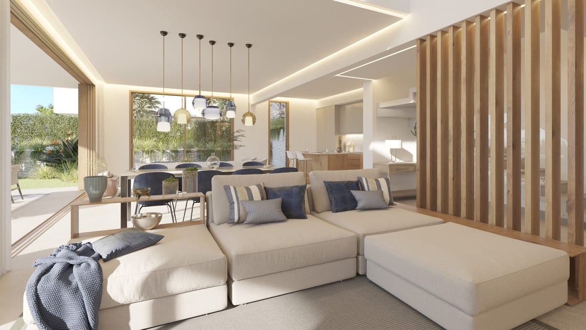 Project visualisation — LYRA RESIDENCES: Living and dining room with pale seating and timber detailing.