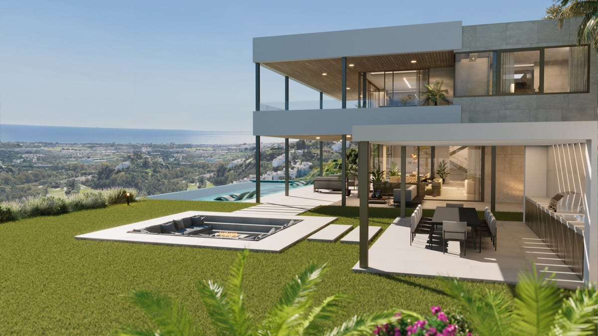 Garden-side visualisation of VILLA HOPE with sunken firepit seating, covered dining area, outdoor kitchen and pool.