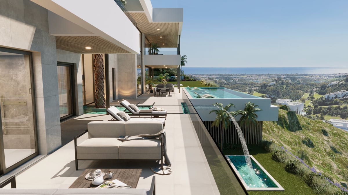 Terrace visualisation of VILLA HOPE with lounge furniture, sun loungers and a pool with a waterfall.
