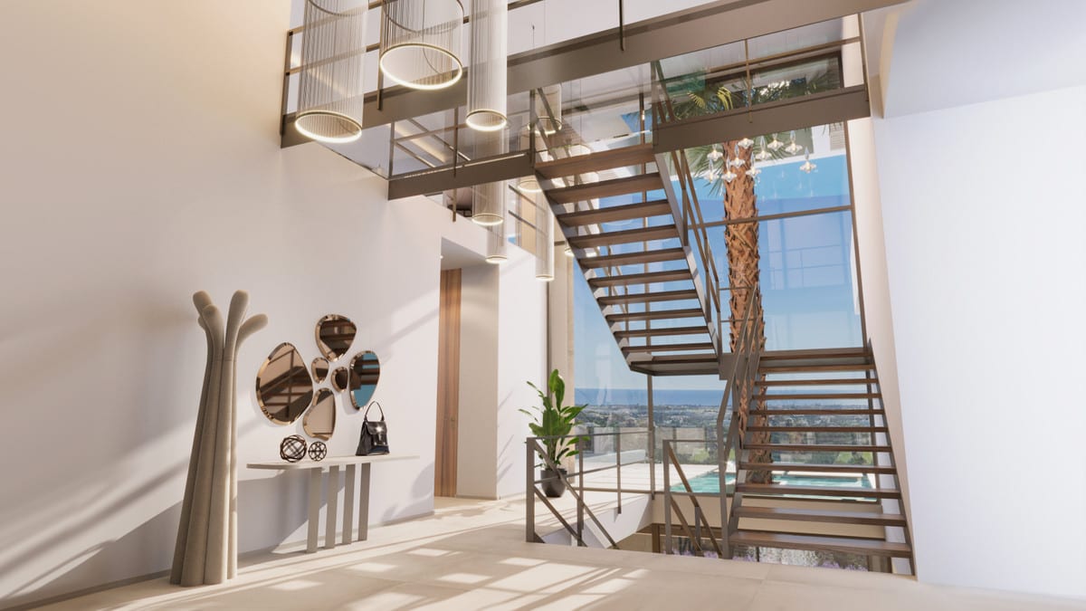 Entrance-hall visualisation of VILLA HOPE with a double-height space, open metal staircase and pendant lights.