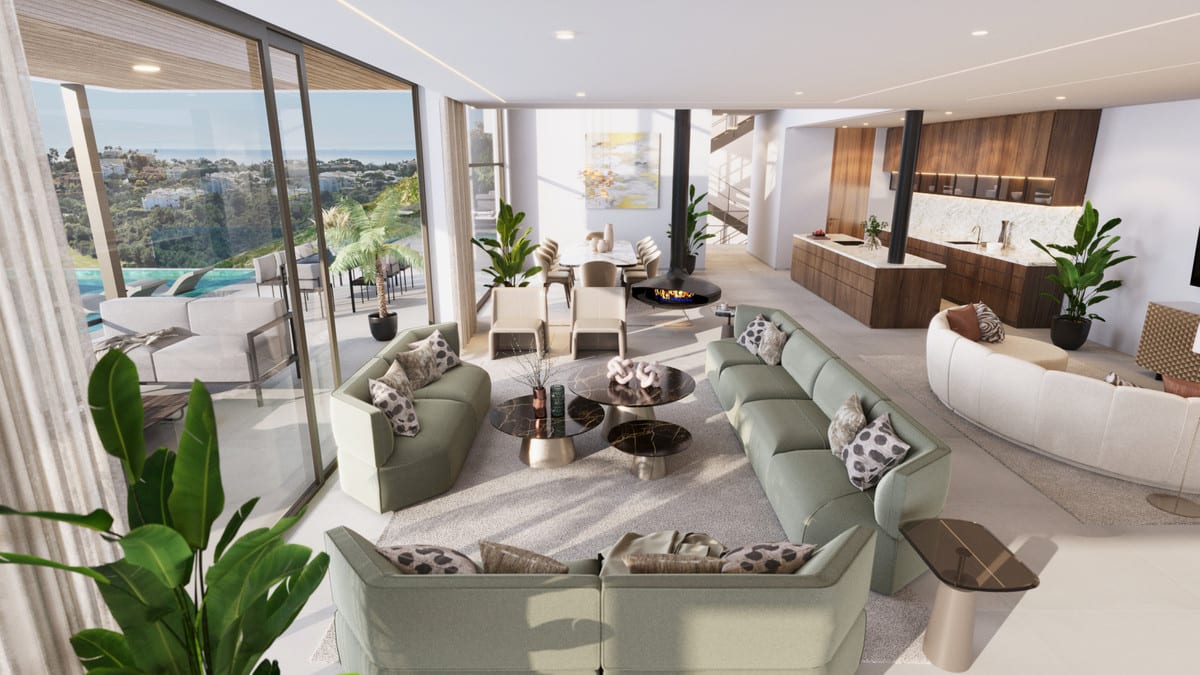 Living-area visualisation of VILLA HOPE with seating, a suspended fireplace, dining area and open kitchen beside sliding glass doors.