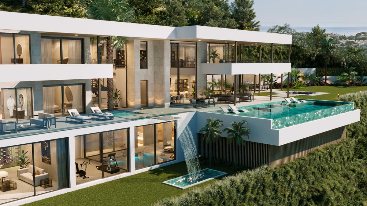 Aerial visualisation of MADROÑAL VIEW - VILLA TIFFANY showing the buildings, terraces and surrounding residential setting.