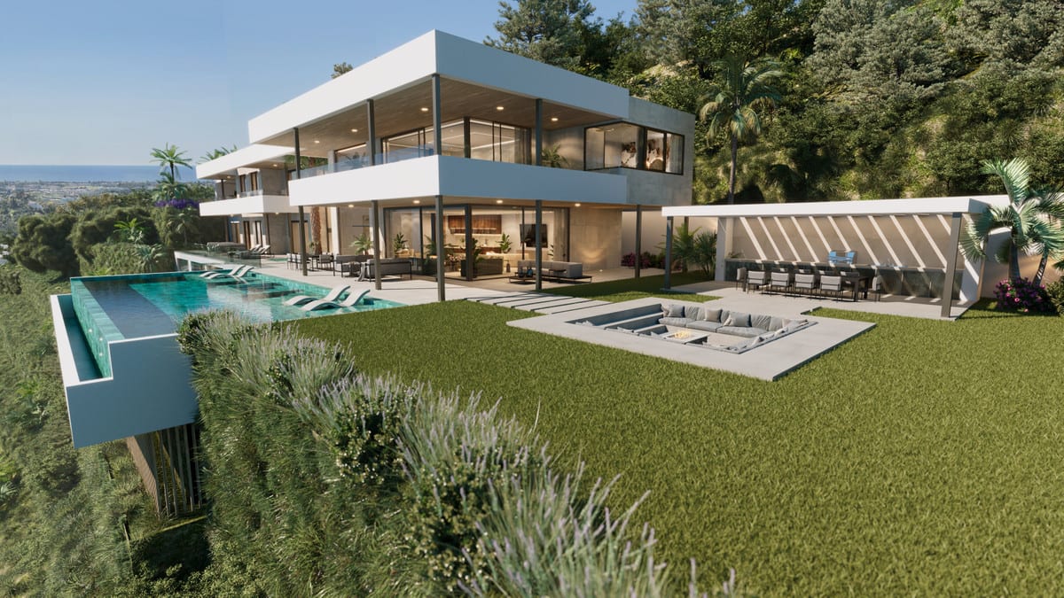 Garden visualisation of VILLA TIFFANY with a swimming pool, lawn, sunken firepit seating and a covered dining area.