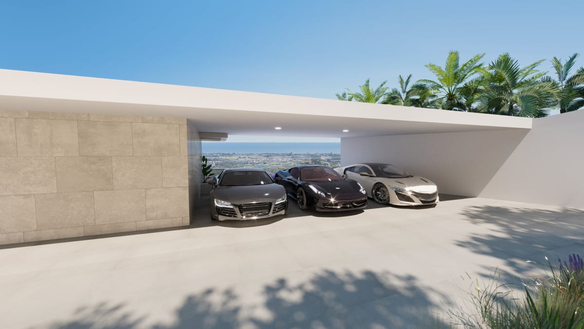 Covered carport visualisation of VILLA TIFFANY showing three sports cars beneath a flat concrete roof.