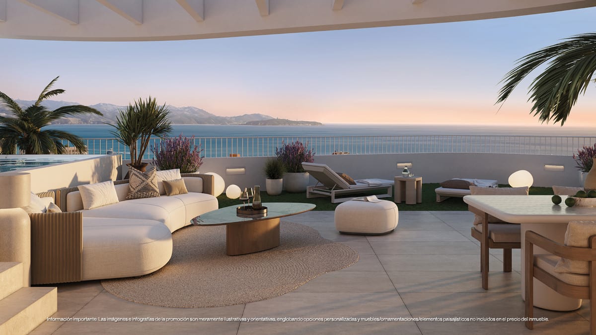 Project visualisation of MAGNA TORREMOLINOS with a furnished terrace featuring a beige sofa, sun loungers, dining table, planters and views of the sea and mountains.