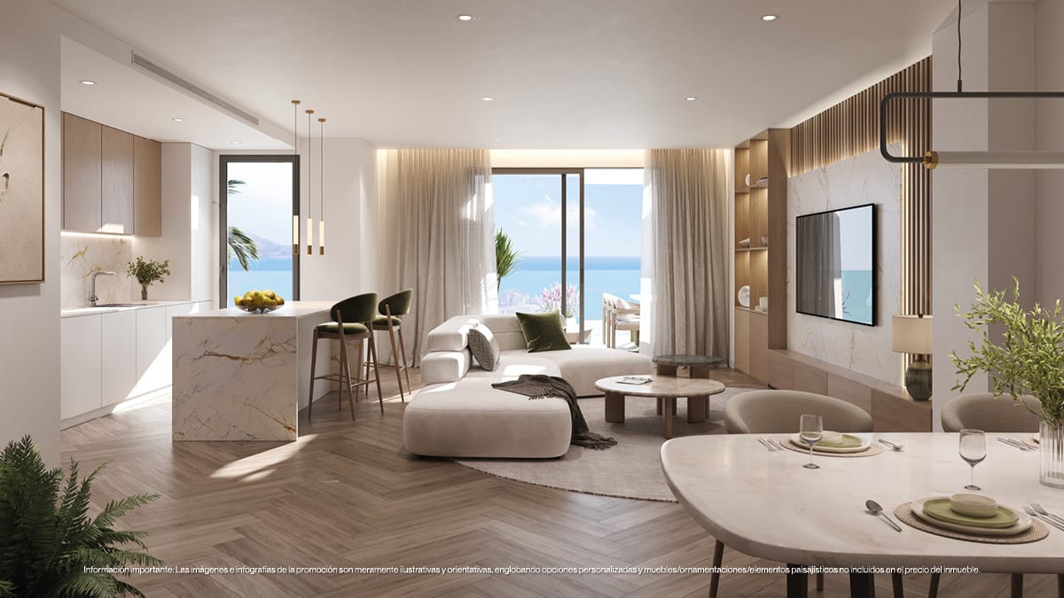 Project visualisation of MAGNA TORREMOLINOS with an open-plan living area, white kitchen with a marble-effect island, dining table, seating area and large glazed frontage.