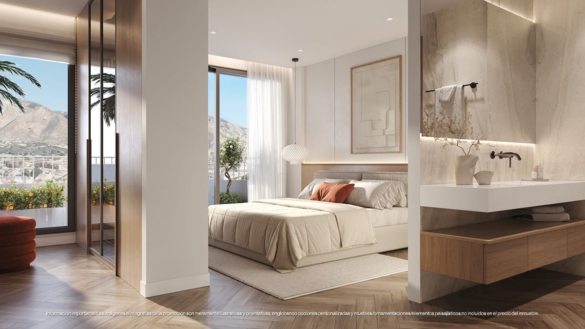 Project visualisation of MAGNA TORREMOLINOS with a bedroom, glazed frontage onto a planted balcony and bathroom area with a single basin on a wooden vanity and natural stone-effect wall tiles.