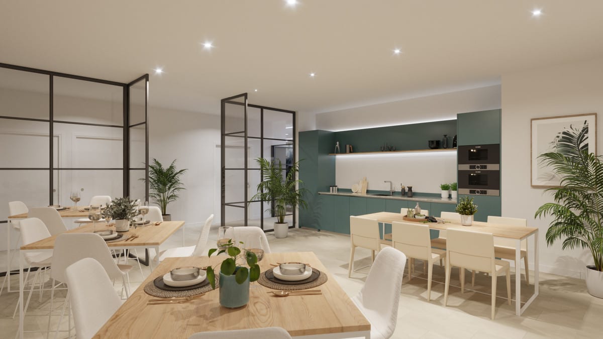 Project visualisation of MALA KAI featuring three wooden dining tables with white chairs, a green fitted kitchen with built-in ovens and LED lighting, black steel-framed glass partitions and large houseplants.