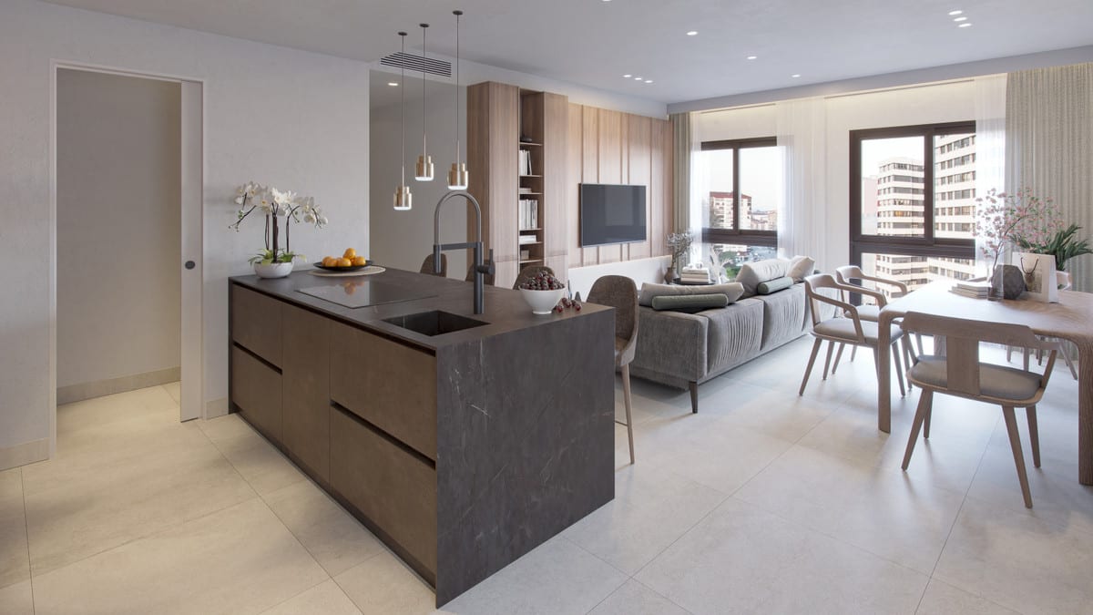 Project visualisation of MALAGA CENTRUM featuring an open-plan living space: dark stone kitchen island with integrated tap, wooden cabinet wall with television, grey sofa, dining table with chairs and large windows.