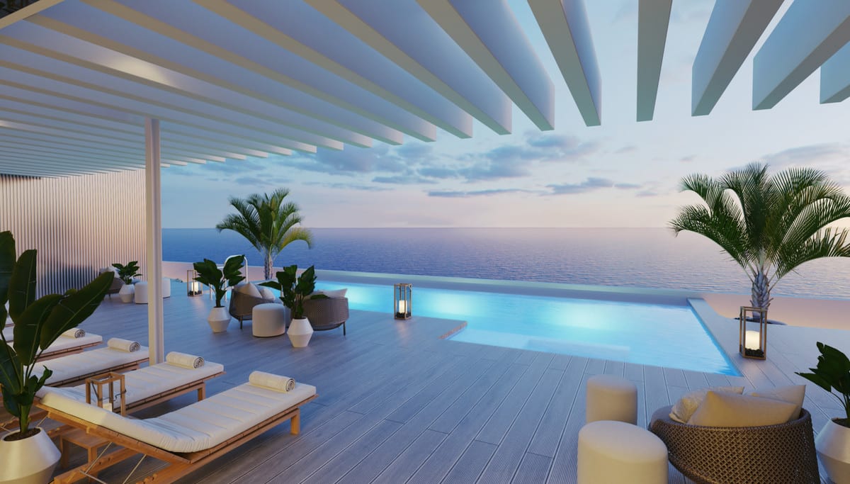 Project visualisation — MALAGA TOWERS: Pool terrace with sun loungers, palm trees, a slatted pergola and the sea beyond.