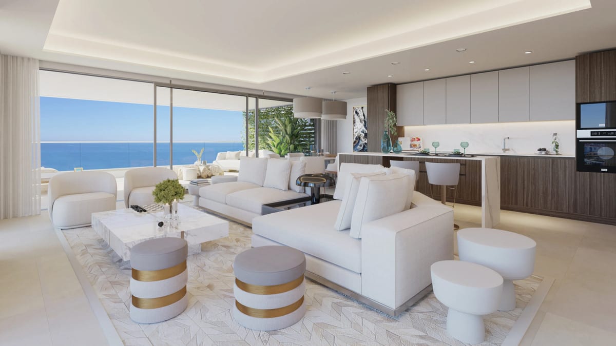 Interior visualisation of MALAGA TOWERS with the main living area and contemporary finishes.