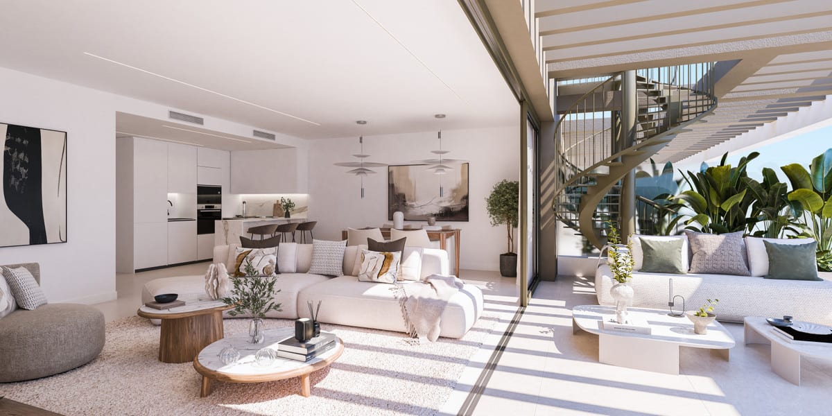 Gerenderde interieurvisualisatie van MARALTO met een lichte open woonkamer, witte open keuken met barkrukken, hangende verlichtingsarmaturen, grote kunstwerken en een gebogen metalen trap die uitkomt op een buitenterras met tropische planten.