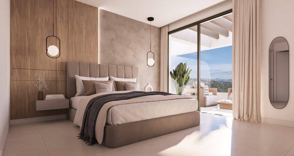 Gerenderde slaapkamervisualisatie van MARALTO met een gestoffeerd bed in taupe, houten wandpaneel links, stucwerk achterwand, twee hanglampen, linnen gordijnen en glazen schuifpuien naar een terras met zicht op heuvels.