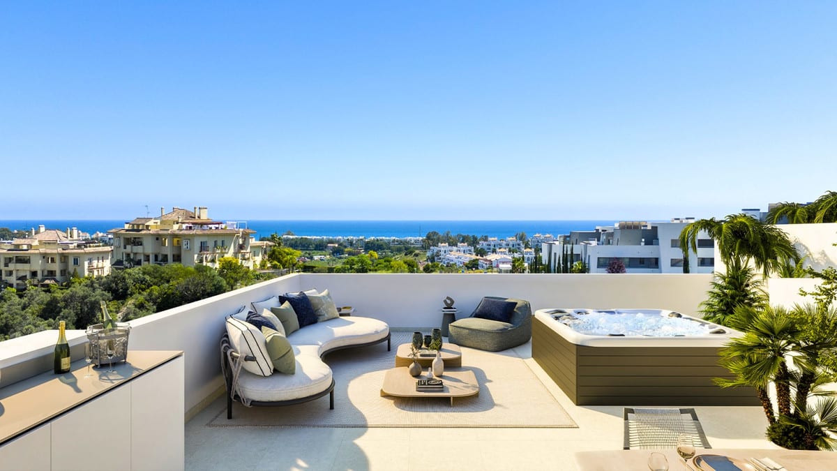 Rendered rooftop terrace visualisation of MARINE HILLS - STAGE 1 with a curved lounge sofa, coffee table, jacuzzi, palm tree and sea views.