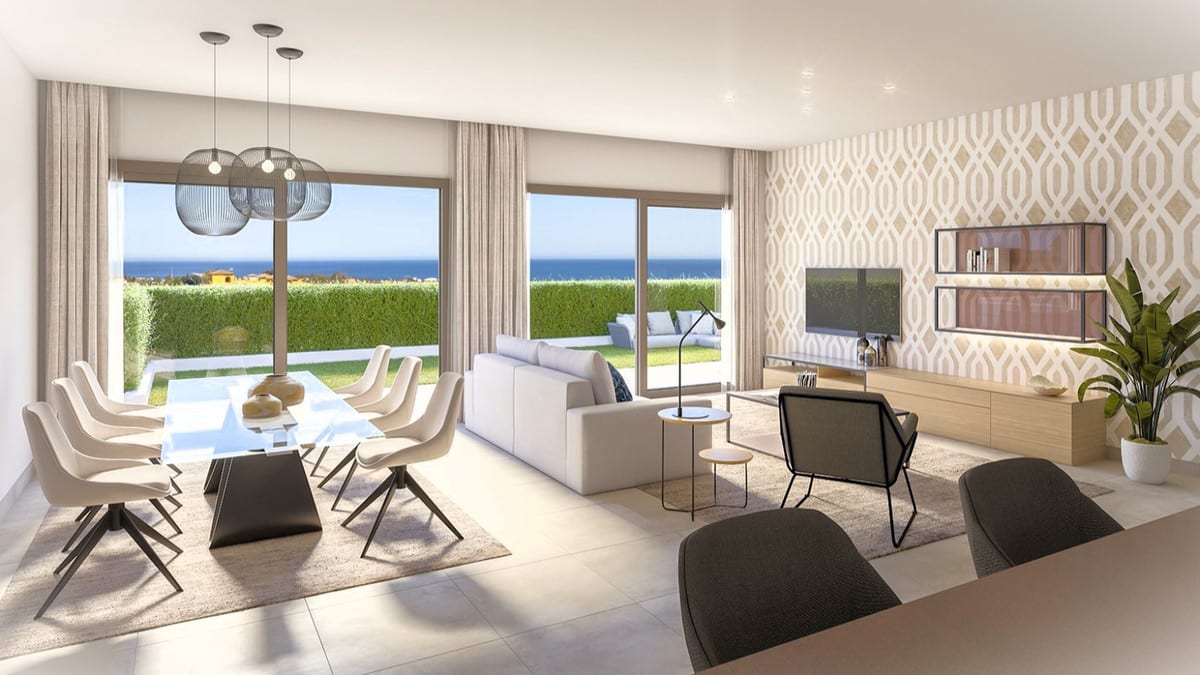 Rendered living and dining area at MARINE HILLS - STAGE 1 with a glass dining table, white chairs, sofa, wall unit with geometric wallpaper and large windows with sea views.