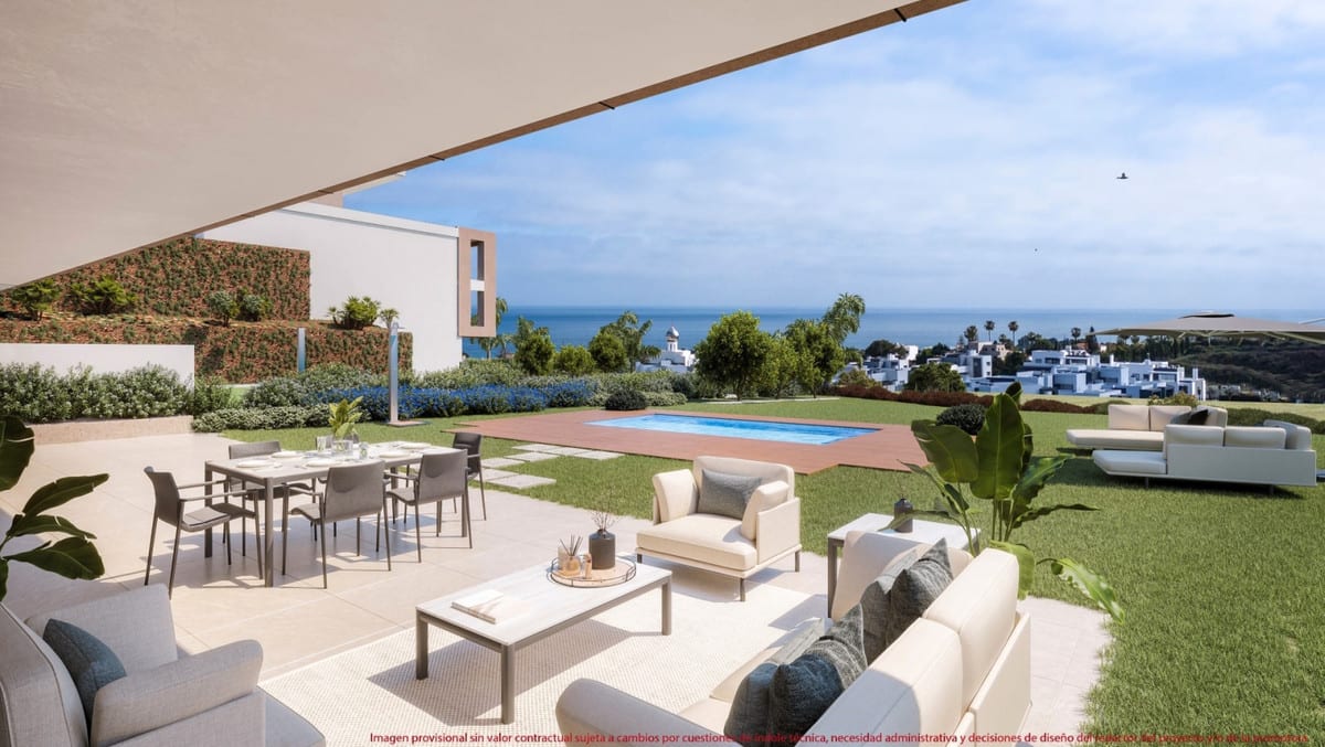Project visualisation of MARINE HILLS - STAGE 2 with a covered terrace, lounge area, dining area with chairs, lawn and rectangular swimming pool on a wooden deck with the sea on the horizon.
