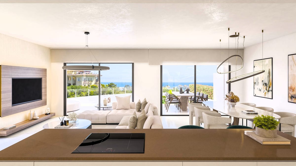 Visualisation of an open kitchen, dining area and living room with sea views through sliding doors.