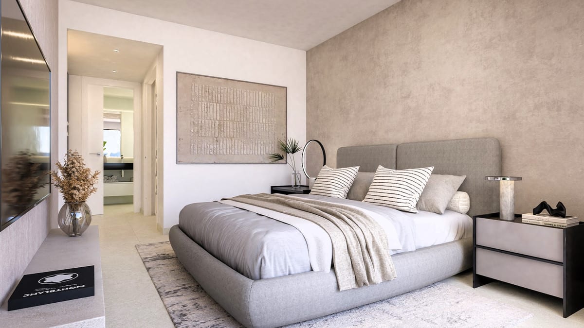 Visualisation of a bedroom in grey and beige tones with an upholstered bed and wall art.