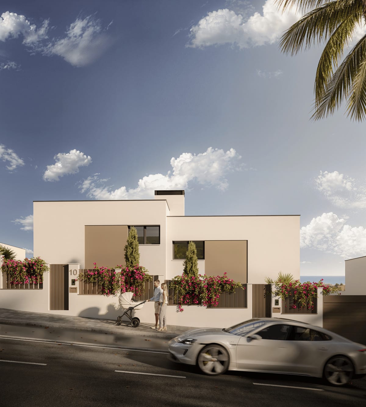 Project visualisation of MARTAGINA HILLS with cream façades, dark window frames, pink bougainvillea on the boundary walls, a couple with a pushchair on the pavement and a passing silver car in the foreground.