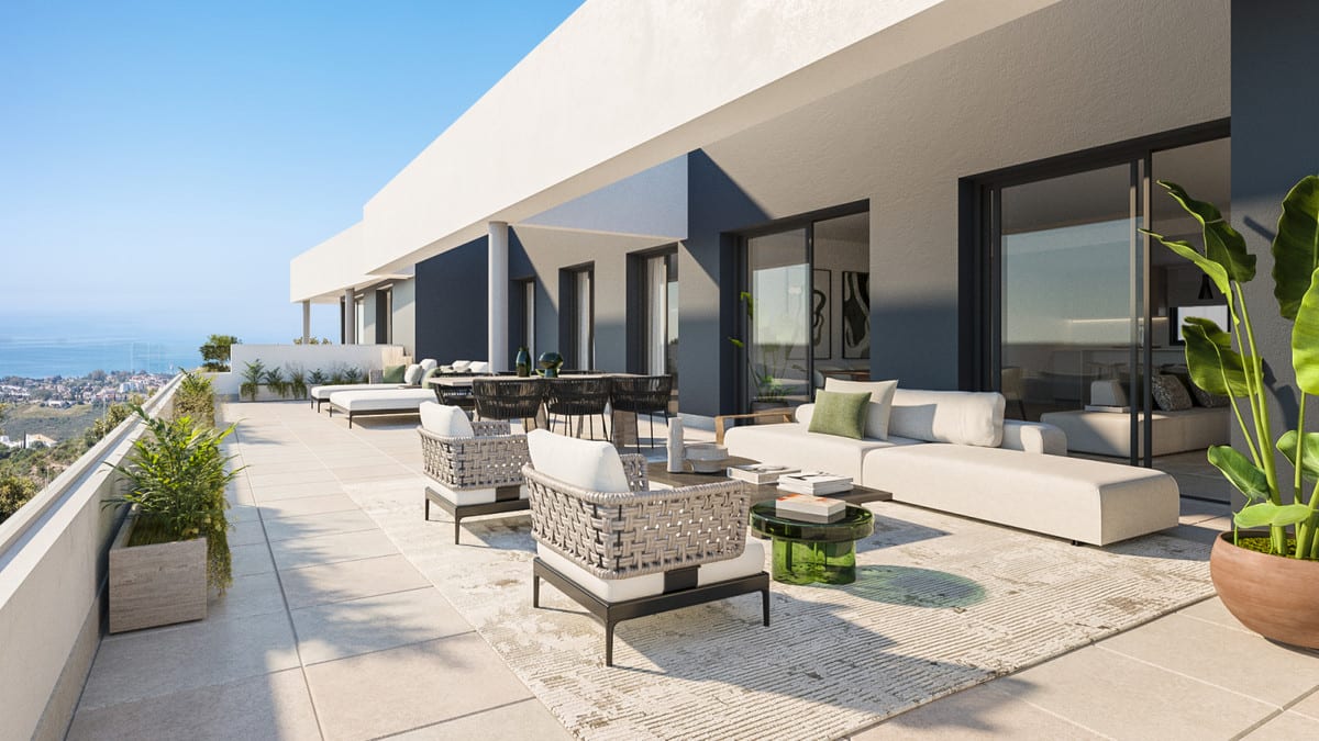 Project visualisation of the terrace at MEDBLUE I, II & III with a lounge sofa, woven armchairs, dining table, planters and large glass sliding doors.