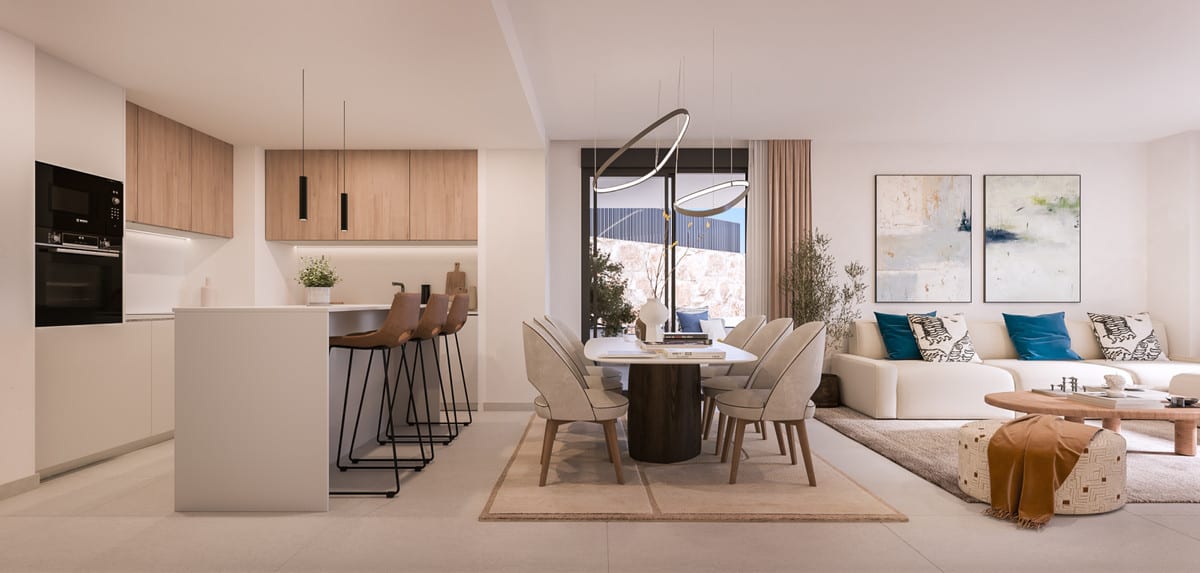 Project visualisation of MEDBLUE IV with an open-plan kitchen, dining area and seating area in light natural tones.