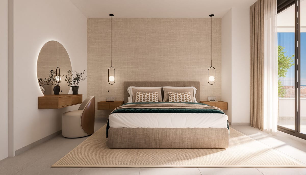 Project visualisation of MEDBLUE IV with a bedroom, double bed, hanging pendant lights and a glass door leading outside.