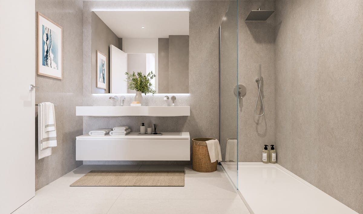Project visualisation of MEDBLUE IV with a bathroom featuring a wide white vanity unit, large mirror and walk-in shower with glass screen.