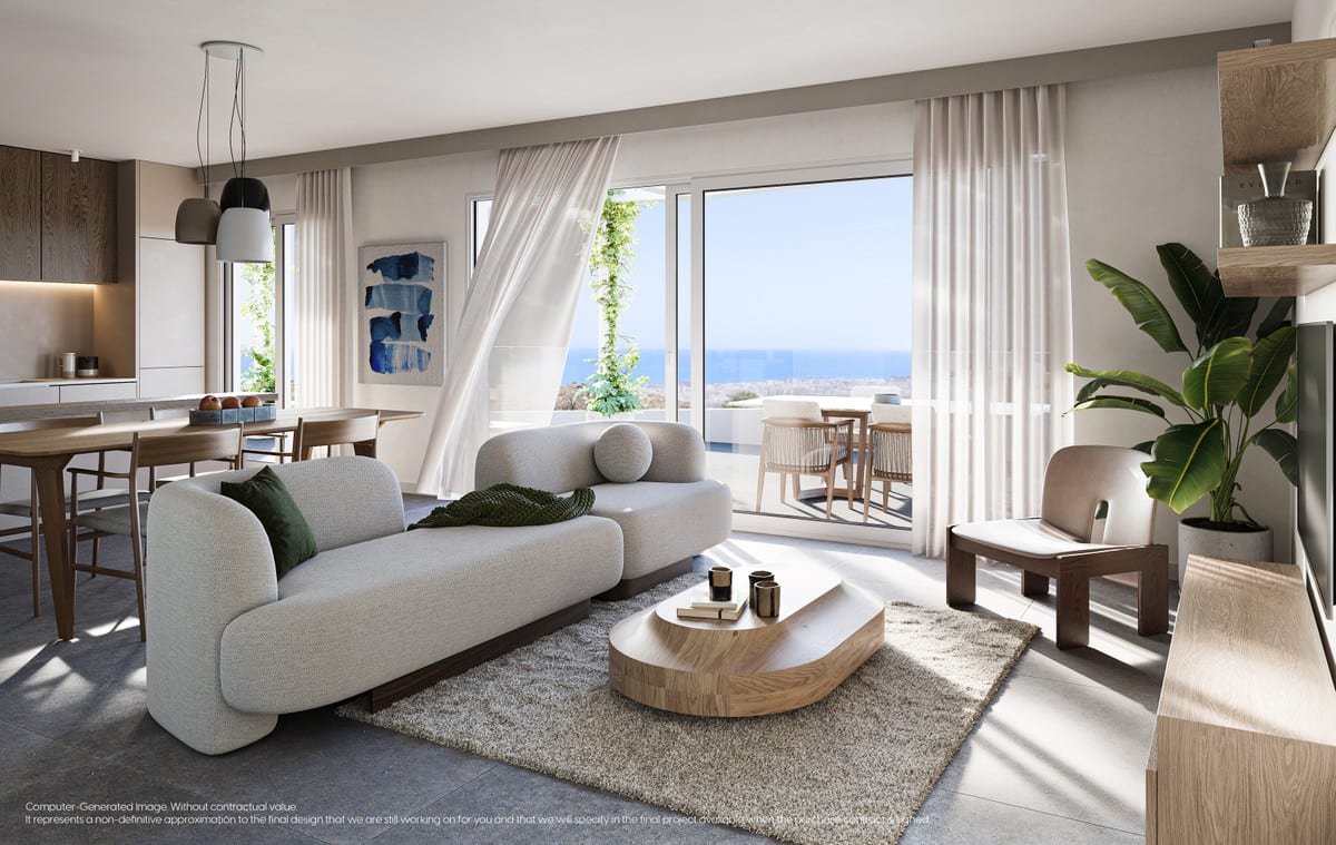 Project visualisation of MIJAS SEAVIEWS with a bright living room, a sofa and armchair, wooden coffee table, dining area and large sliding doors opening onto a terrace with sea views.