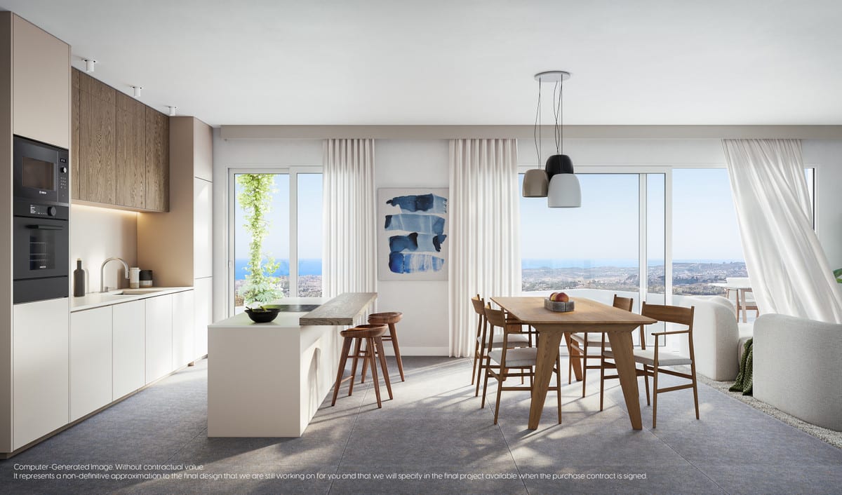Project visualisation of MIJAS SEAVIEWS with an open-plan kitchen, cooking island with bar stools, wooden dining table, integrated appliances and large windows overlooking the horizon.