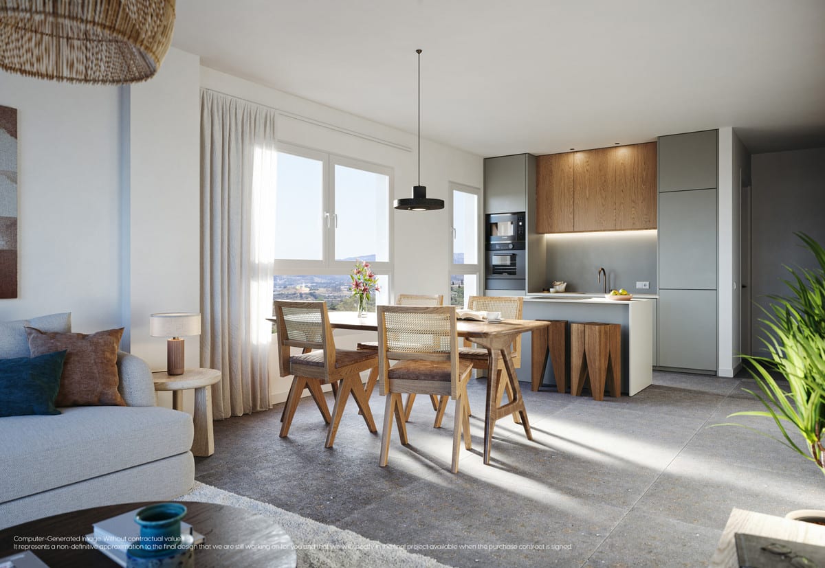 Project visualisation of MIJAS SEAVIEWS with an open dining area, wooden table and woven chairs, a kitchen wall with wooden upper cabinets and integrated appliances, and windows overlooking the landscape.