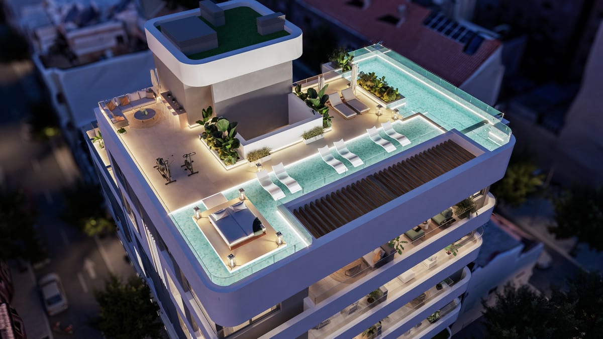 Project visualisation of MILABEKA’s rooftop terrace with a swimming pool, glass enclosure, sun loungers, planting, fitness equipment, a lounge seating area and a wooden slatted structure.