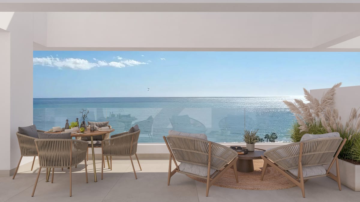 Project visualisation of a terrace at MILABEKA with a round dining table, rope-woven chairs, low lounge chairs with a round coffee table, glass balustrade and the sea in the background.