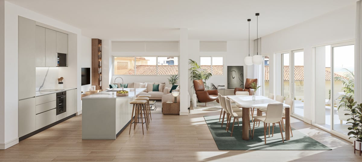 Project visualisation of MONTE SANCHA 28 with an open-plan kitchen and living area, light grey kitchen island with bar stools, dining table with chairs, seating area and light wooden flooring.