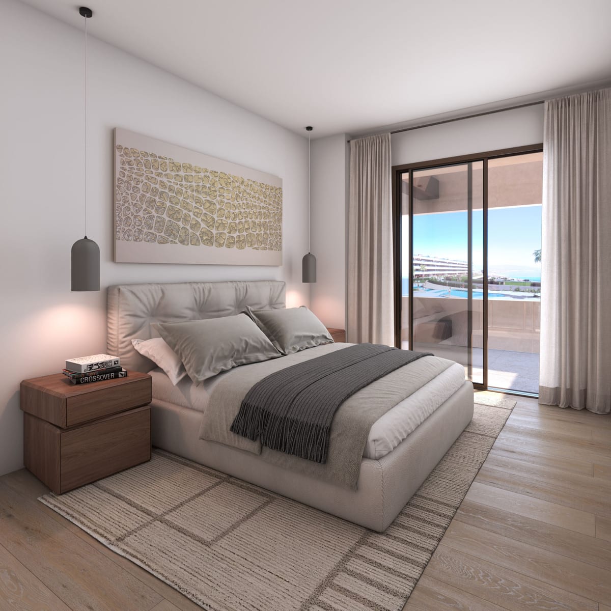 Project visualisation of the bedroom in MORASOL - BUILDING 1 with a double bed, wooden bedside table, pendant lights and sliding doors leading to an outdoor space.