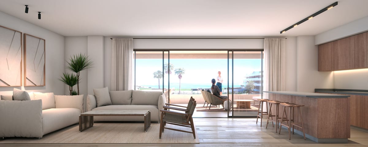 Interior visualisation of MORASOL - BUILDING 2 with a bright seating area, wooden kitchen cabinetry with breakfast bar and sliding glass doors to the terrace.