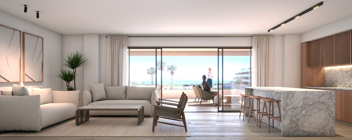 Interior visualisation of MORASOL - BUILDING 2 with a seating area, wooden slatted kitchen cabinetry and a marble-effect kitchen island beside sliding glass doors.