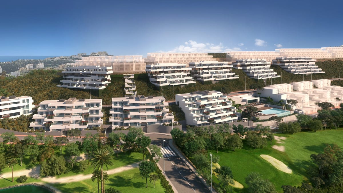 Corner-view project visualisation of NAVIGOLF SUITES 2 with several white residential buildings on a hillside, a visible swimming pool, a green golf course with a bunker and an access road in the foreground.