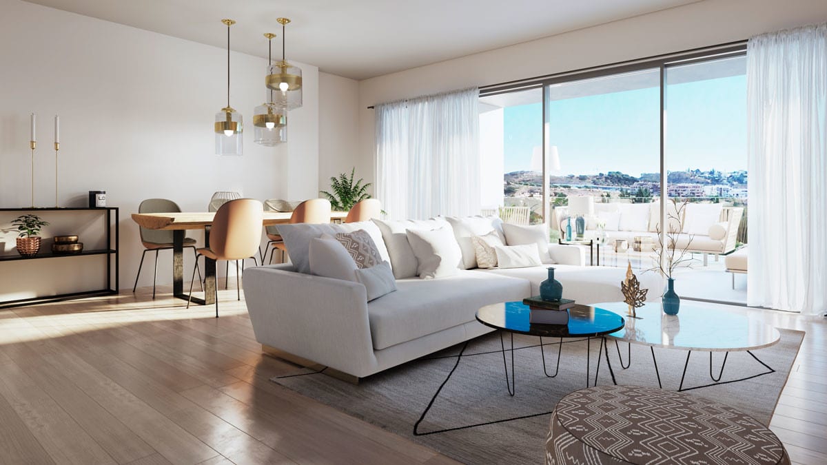 Development visualisation of NAVIGOLF SUITES with a bright living room, white sofa, wooden dining table, round coffee tables and sliding doors opening onto the terrace.