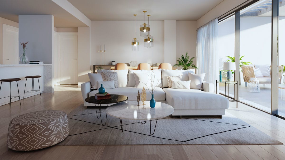 Development visualisation of NAVIGOLF SUITES with an open-plan living area, white corner sofa, light breakfast bar, bar stools, dining table and terrace behind glass sliding doors.