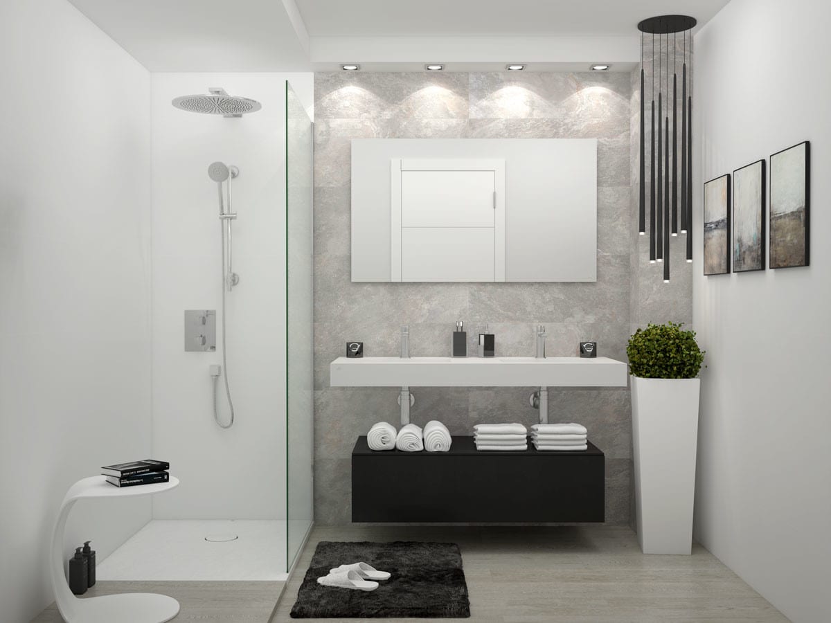 Development visualisation of NAVIGOLF SUITES with a walk-in shower behind glass, double basin, grey wall tiles, mirror and black pendant light.