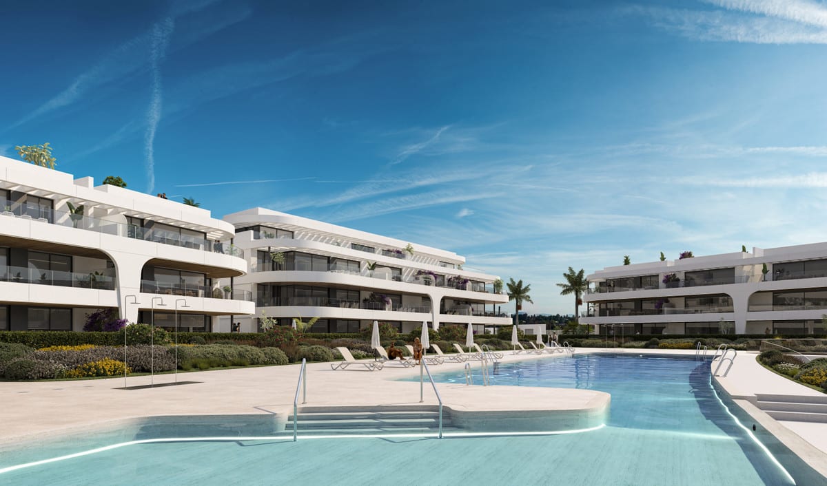 Rendered daytime visualisation of NAYA RESIDENCES with a swimming pool, entry steps with stainless-steel handrails, sun loungers and white buildings with terraces.