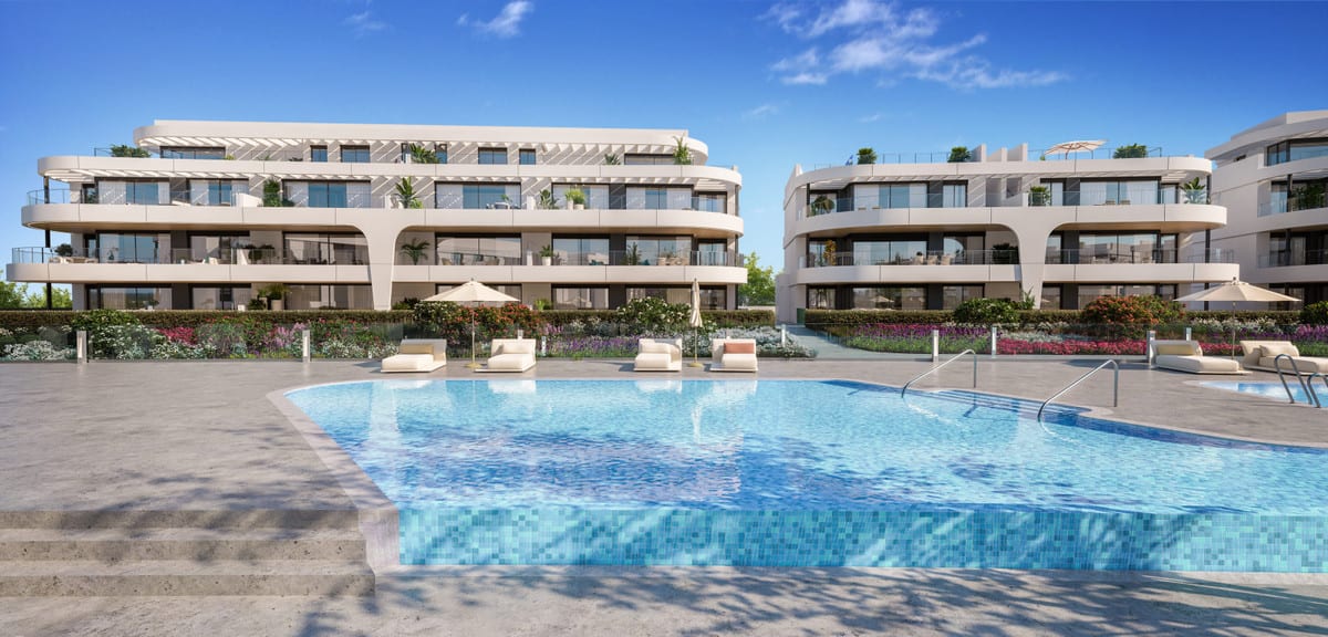 Rendered swimming pool visualisation of NAYA RESIDENCES with blue mosaic, light terrace flooring, sun loungers and flowering planting.